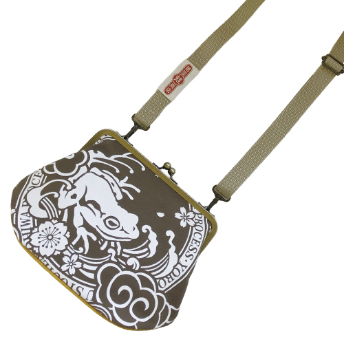 がま口バッグ ラベル柄 茶 マチ黄 - 画像 (3)