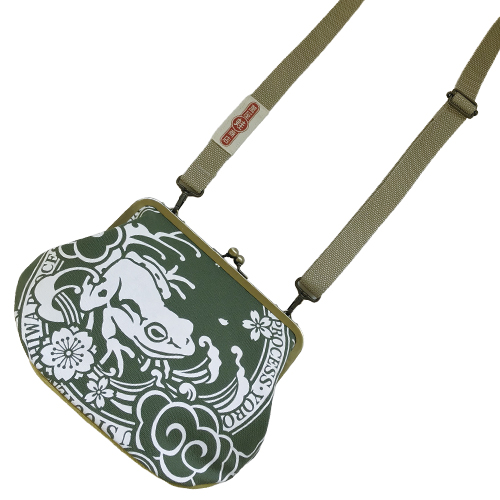 がま口バッグ ラベル柄 緑 マチ黄ヒワ - 画像 (3)