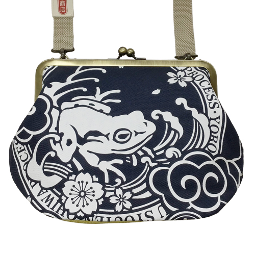 がま口バッグ ラベル柄 紺 マチ黄ヒワ