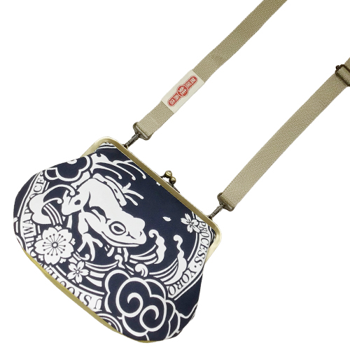 がま口バッグ ラベル柄 紺 マチ黄ヒワ - 画像 (5)