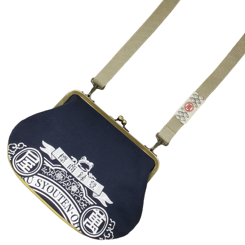 がま口バッグ ラベル柄 紺 マチ黄ヒワ - 画像 (6)