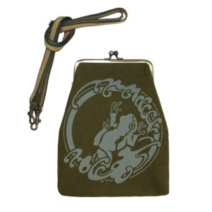 がま口ポーチ　緑　抜染柄（むら染め生地）