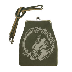 がま口ポーチ　緑　抜染柄（倉敷帆布）