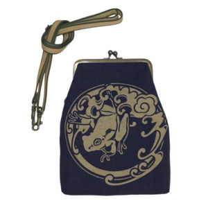 がま口ポーチ　紺　抜染柄（むら染め生地）